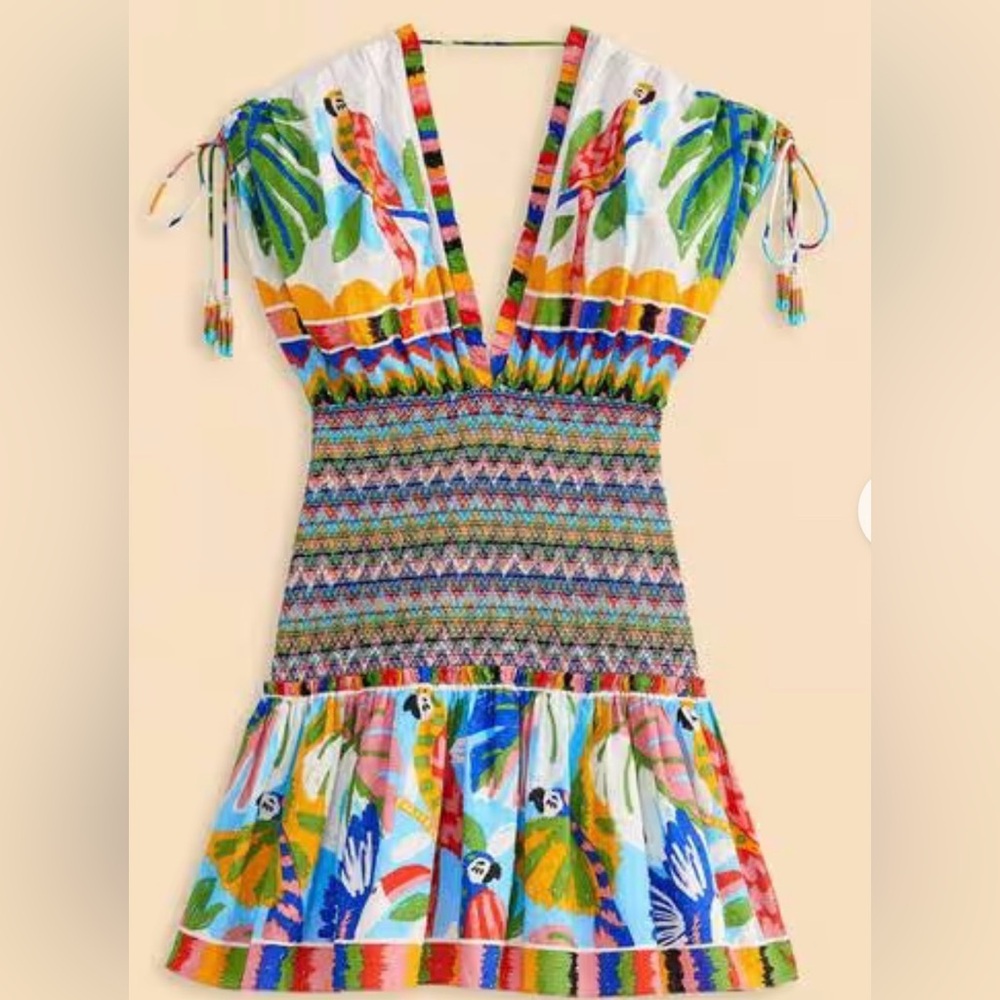 Farm Rio Colorful Forest Smocked Waist V-Neck Mini Dress